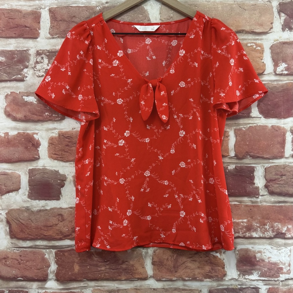 Lauren Conrad Top Women's Small Red White Floral Vine Tie Accent Neck Shirt